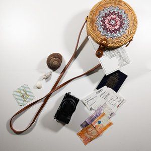 Boho Rattan Wicker Leather Strap Mandala Bag